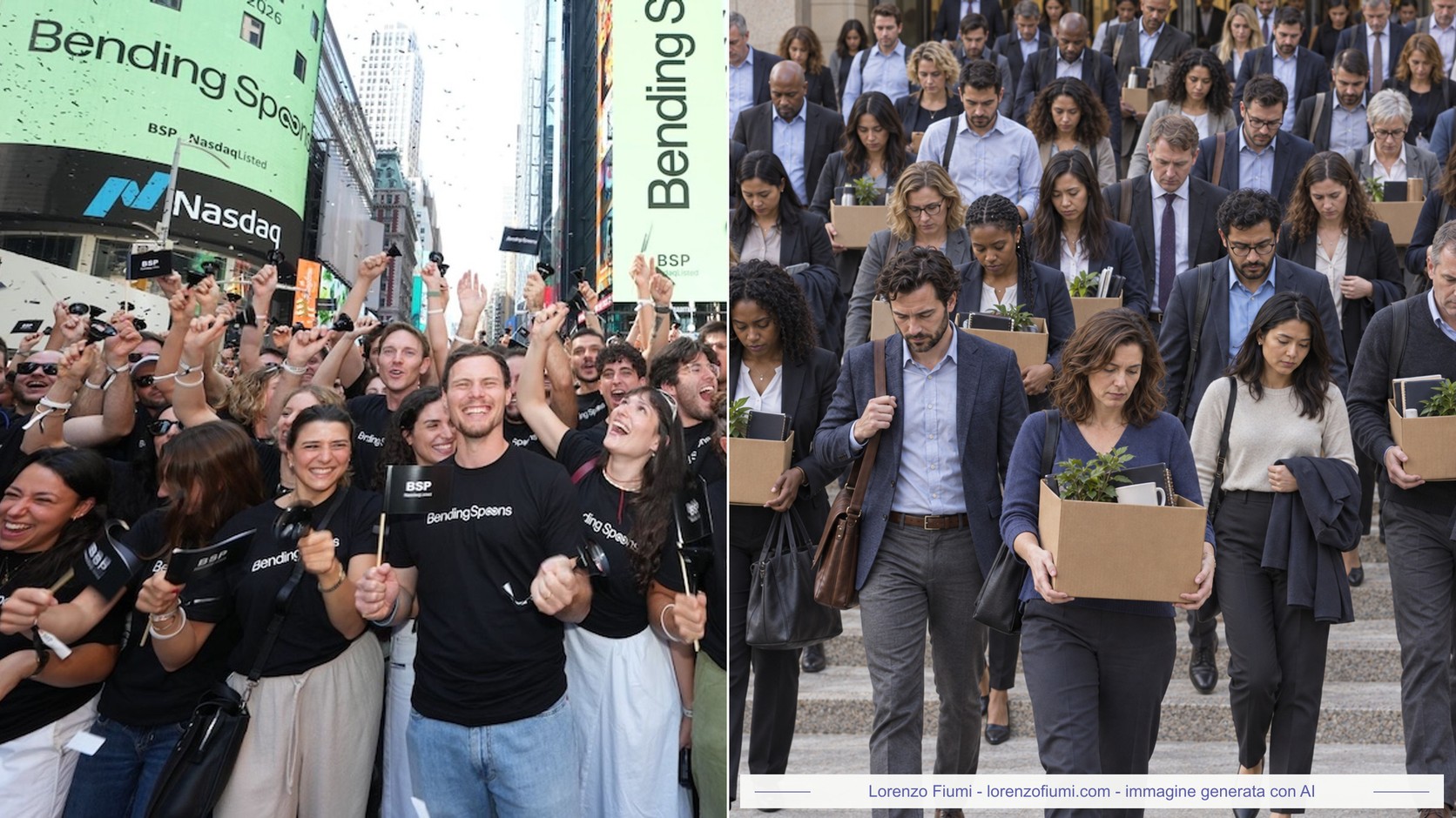 Immagine generata con AI, divisa in due metà. A sinistra un gruppo di dipendenti di Bending Spoons festeggia in Times Square davanti ai maxischermi del Nasdaq che mostrano il nome dell'azienda e la sigla BSP, tra coriandoli, bandierine e pugni alzati. A destra una folla di persone in abiti da ufficio scende una scalinata a testa bassa, ognuna con in mano uno scatolone di cartone con dentro piante, quaderni e oggetti personali.