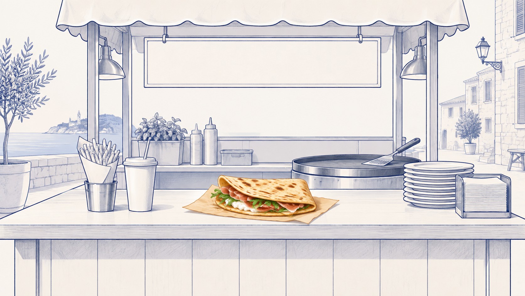 Illustrazione a tratto su fondo avorio: il bancone di un chiosco di piadine in riva al mare, con l'insegna vuota, patatine, bibita, piatti e piastra disegnati senza colore. Al centro del bancone, unica cosa a colori, una piadina farcita con prosciutto, formaggio fresco e rucola.