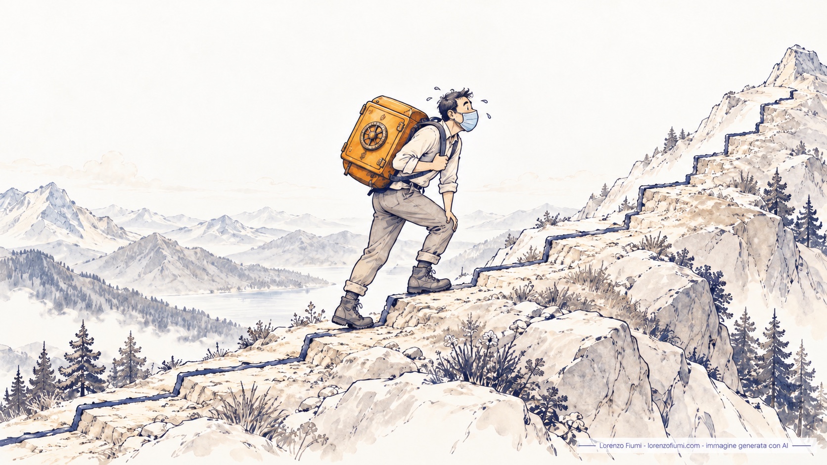 Illustrazione di un escursionista con la mascherina sul viso che sale a fatica un sentiero di montagna a gradini, a forma di grafico in crescita, portando sulle spalle uno zaino a forma di cassaforte.