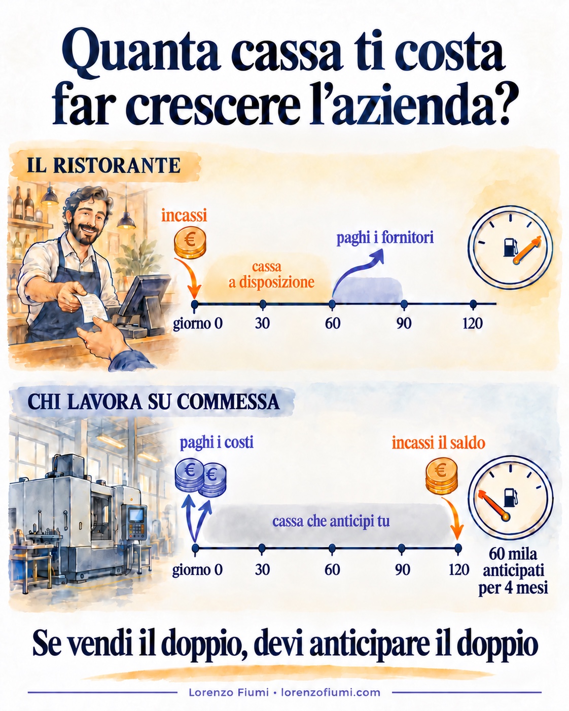 Infografica intitolata "Quanta cassa ti costa far crescere l'azienda?". Confronto tra due linee del tempo di 120 giorni. Il ristorante incassa al giorno 0 e paga i fornitori tra il giorno 60 e il 90, quindi ha cassa a disposizione. Chi lavora su commessa paga i costi al giorno 0 e incassa il saldo al giorno 120, anticipando 60 mila euro per 4 mesi. In fondo la frase: se vendi il doppio, devi anticipare il doppio. Firma: Lorenzo Fiumi, lorenzofiumi.com.